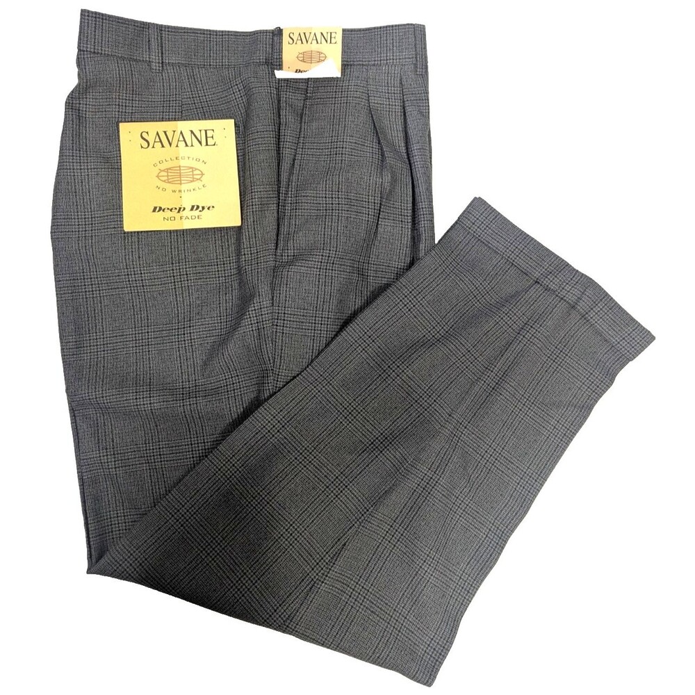 Savane Men's Dress Pants 42x32 Charcoal Gray, Plaid, Vintage NWT